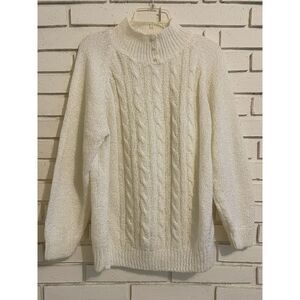 Miranda Ivory/White Mock Neck Sweater with Pearl Buttons Vintage Style Knit Sz L